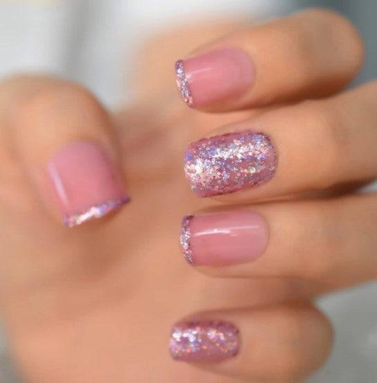 Press On Nails Pink And Purple Glossy Square Glitter Nail Kit - TGC Boutique - Press On Nails
