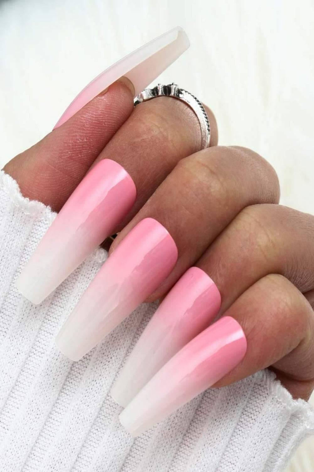 Press On Nails Pink and White Glossy Ombre Coffin French Tip Nail Kit - TGC Boutique - Press On Nails