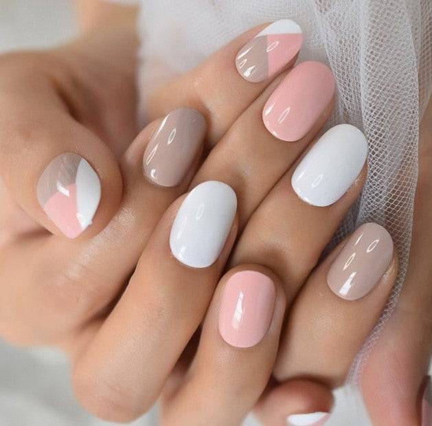 Press On Nails Pink And White Glossy Oval Geometric Nail Kit - TGC Boutique - Press On Nails