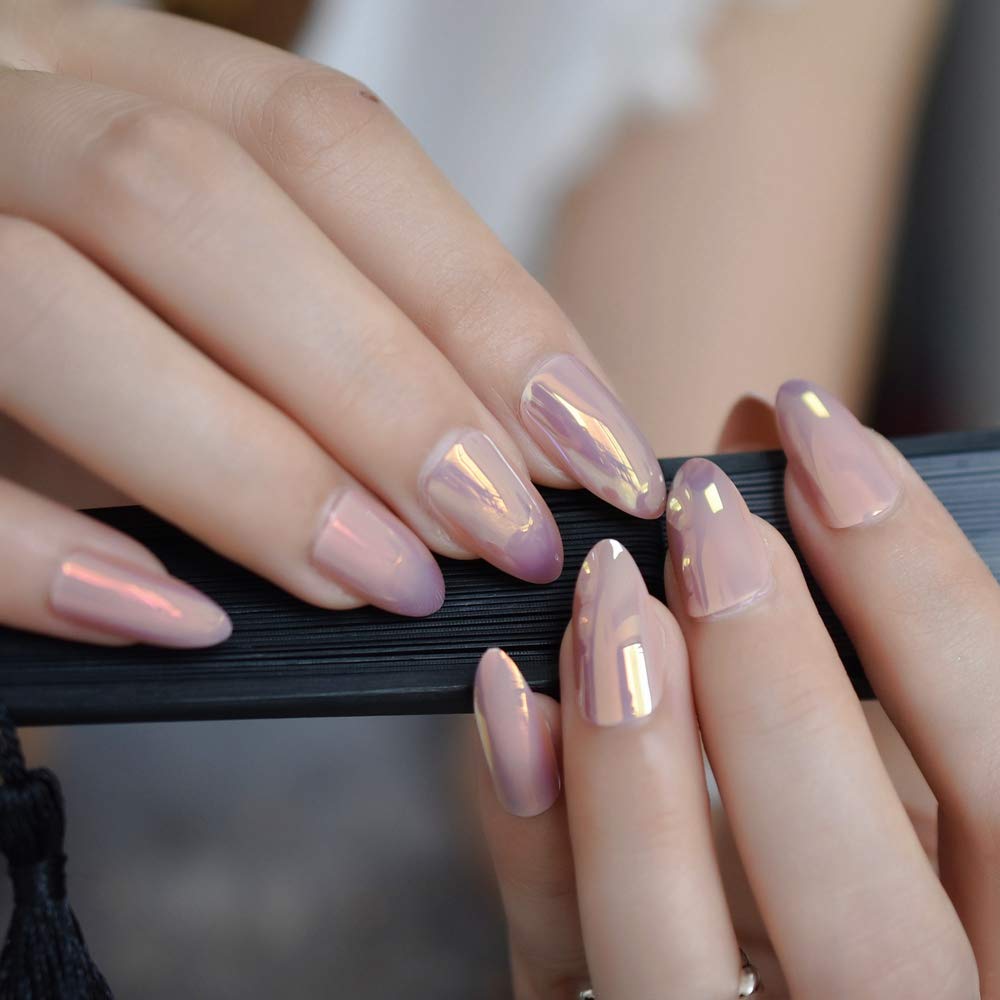 Press On Nails Pink Chrome Glossy Almond Nail Kit - TGC Boutique - Press On Nails