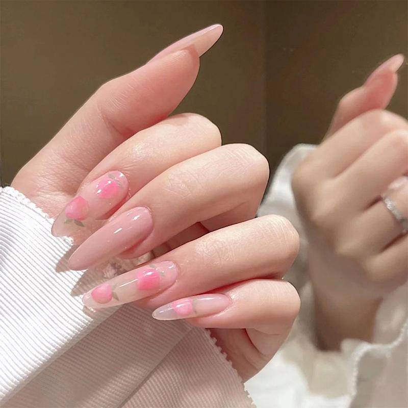 Press On Nails Pink Glossy Almond Rose Nail Kit - TGC Boutique - Press On Nails