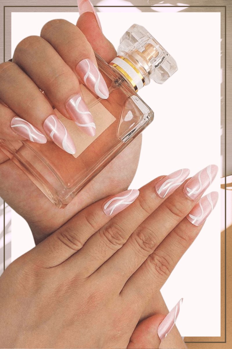 Press On Nails Pink Glossy Almond White Swirl Nail Kit - TGC Boutique - Press On Nails