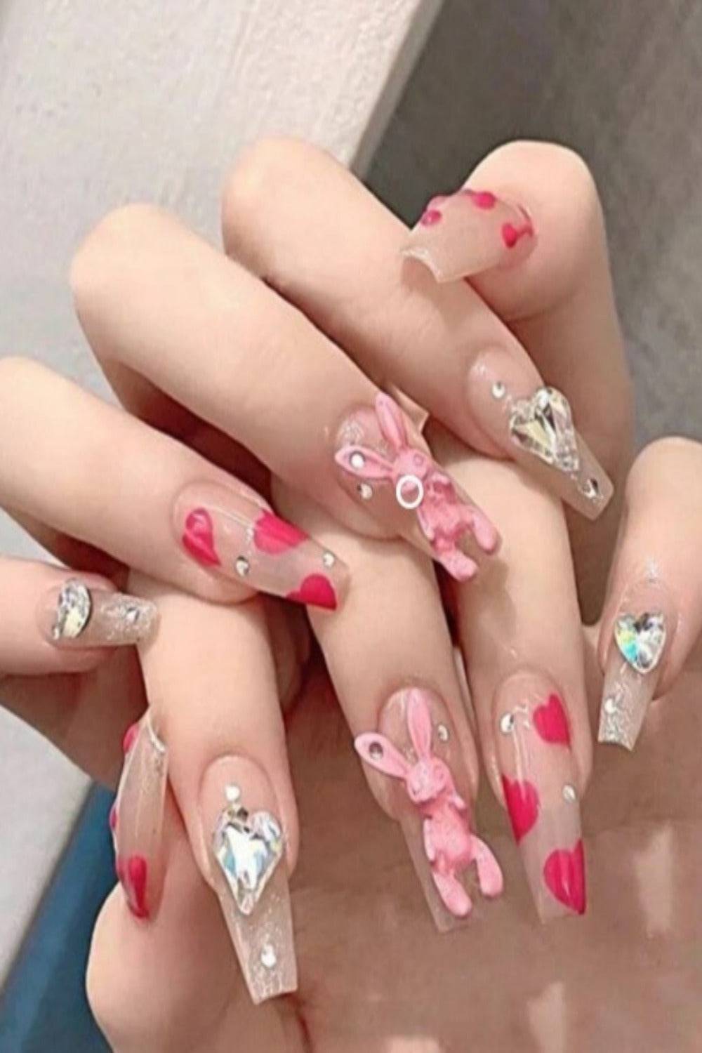 Press On Nails Pink Glossy Clear Coffin Crystal Nail Kit - TGC Boutique - Press On Nails