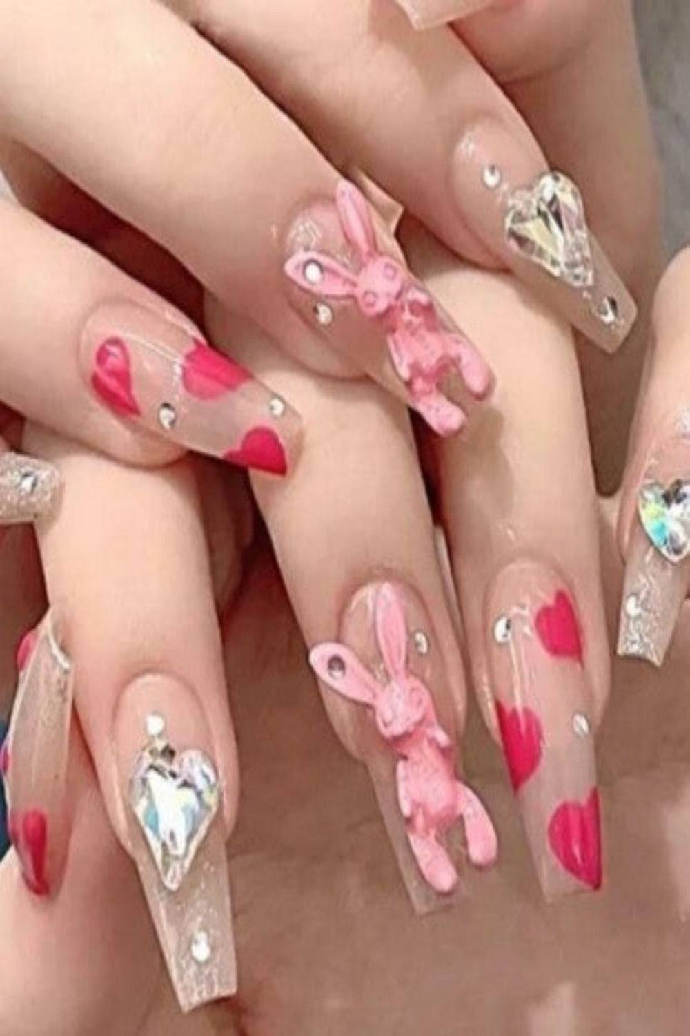 Press On Nails Pink Glossy Clear Coffin Crystal Nail Kit - TGC Boutique - Press On Nails