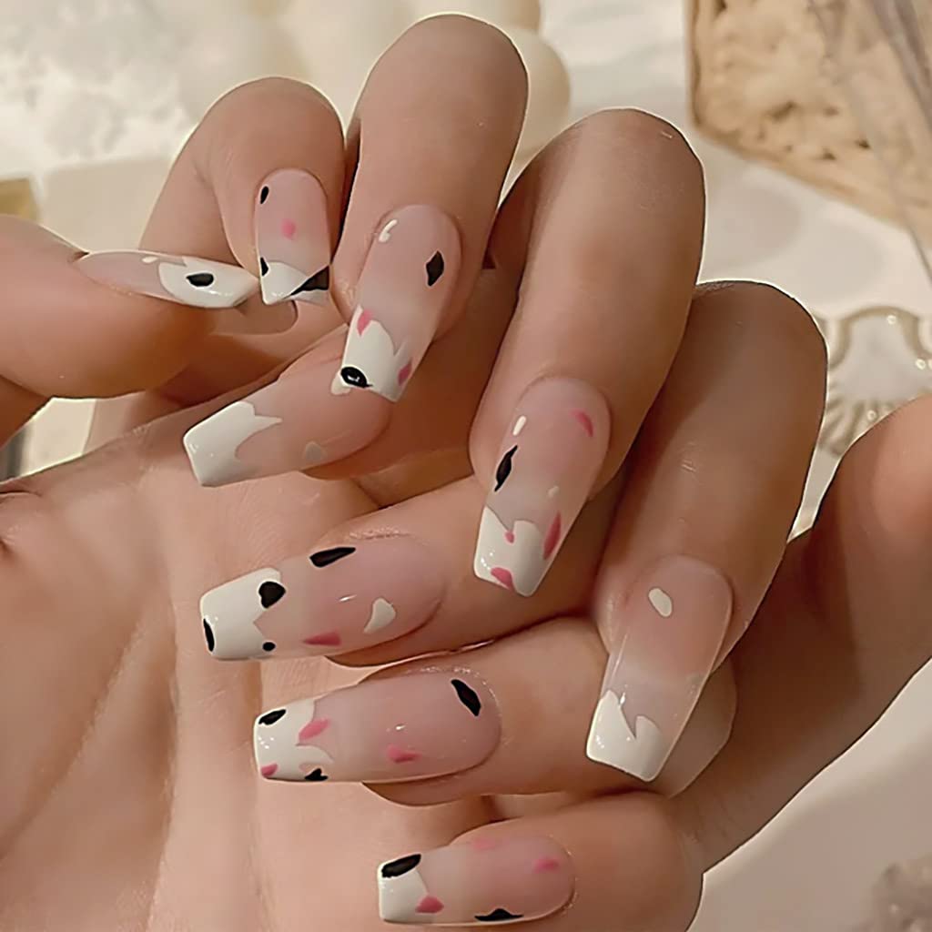 Press On Nails Pink Glossy Coffin Cow Print Nail Kit - TGC Boutique - Press On Nails