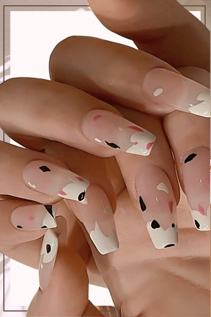 Press On Nails Pink Glossy Coffin Cow Print Nail Kit - TGC Boutique - Press On Nails