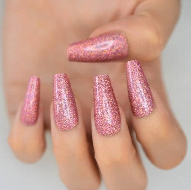 Press On Nails Pink Glossy Coffin Glitter Nail Kit - TGC Boutique - Press On Nails