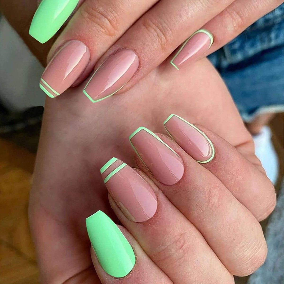 Press On Nails Pink Glossy Coffin Green Nail Kit - TGC Boutique - Press On Nails