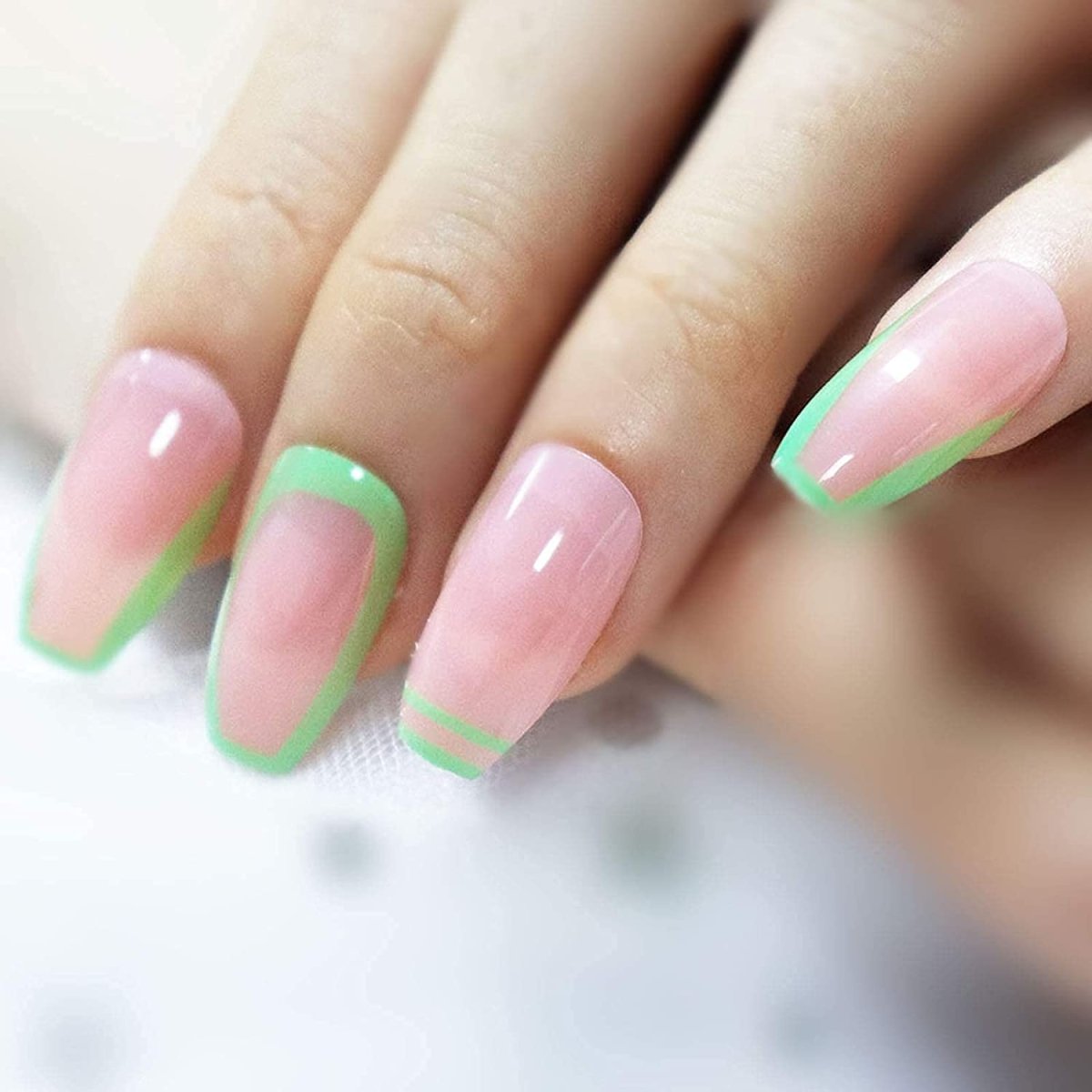 Press On Nails Pink Glossy Coffin Green Nail Kit - TGC Boutique - Press On Nails