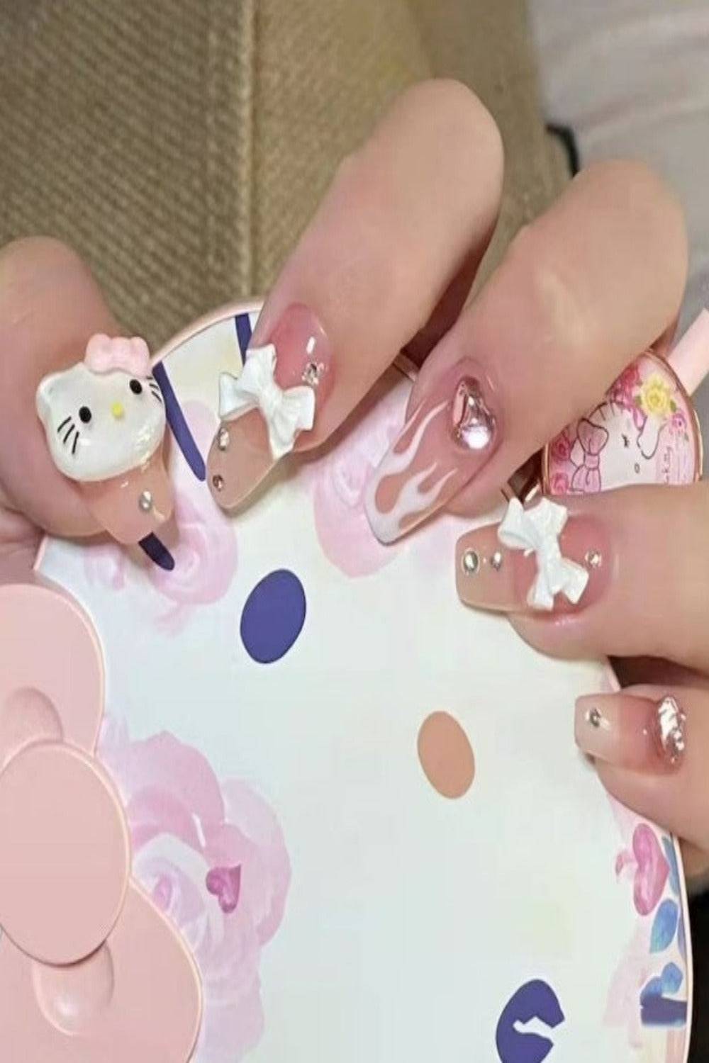 Press On Nails Pink Glossy French Coffin Crystal Nail Kit - TGC Boutique - Press On Nails