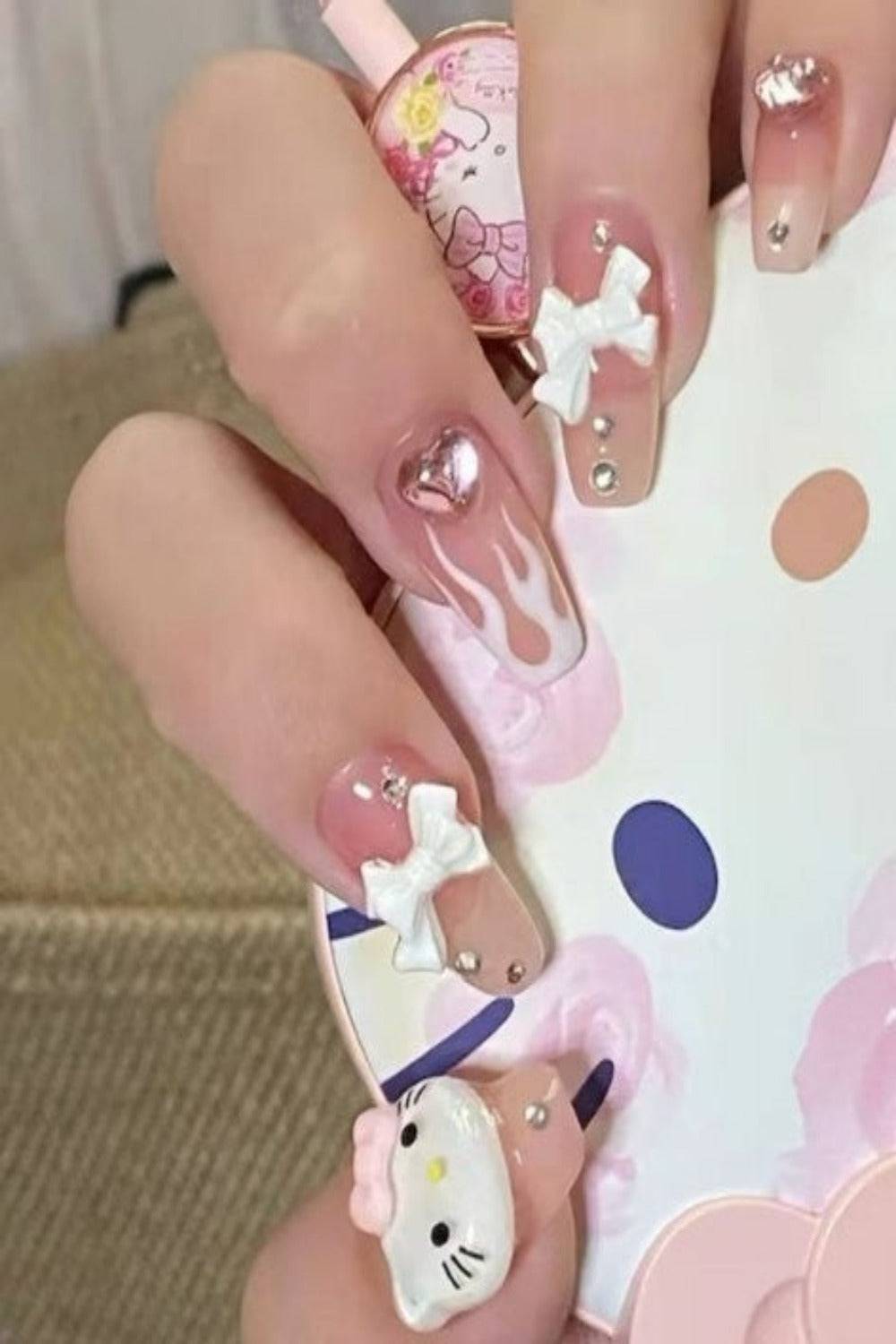 Press On Nails Pink Glossy French Coffin Crystal Nail Kit - TGC Boutique - Press On Nails