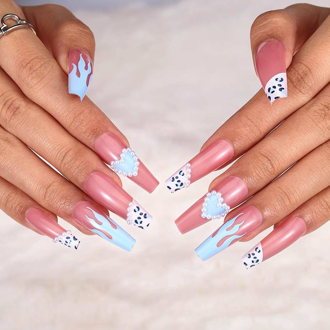 Press On Nails Pink Glossy French Leopard Coffin Heart Nail Kit - TGC Boutique - Press On Nails
