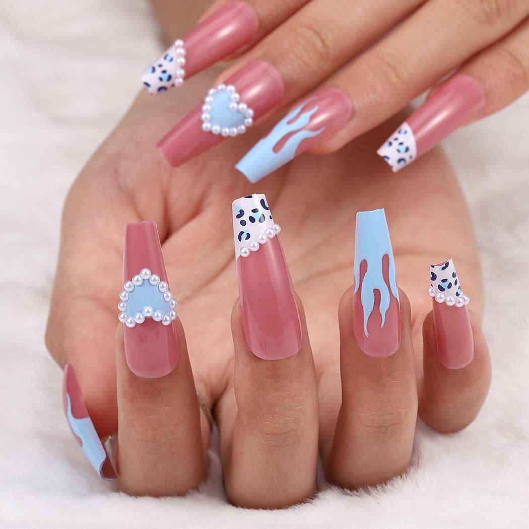 Press On Nails Pink Glossy French Leopard Coffin Heart Nail Kit - TGC Boutique - Press On Nails