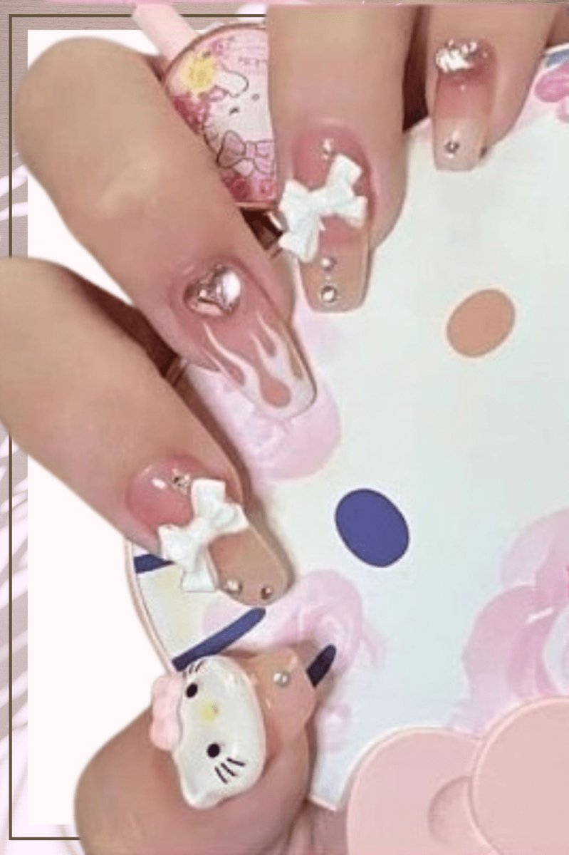Press On Nails Pink Glossy French Tip Coffin White Flame Nail Kit - TGC Boutique - Press On Nails
