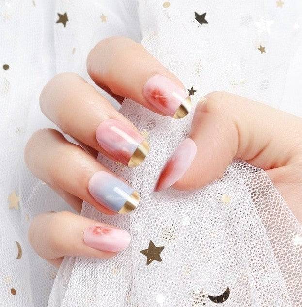 Press On Nails Pink Glossy Gold French Oval Marble Nail Kit - TGC Boutique - Press On Nails