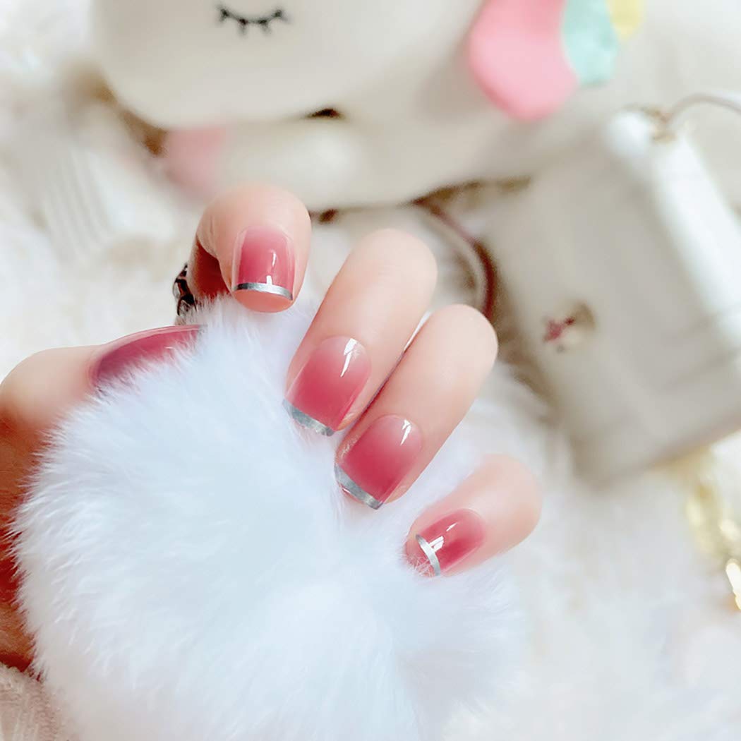 Press On Nails Pink Glossy Ombre Silver French Square Nail Kit - TGC Boutique - Press On Nails