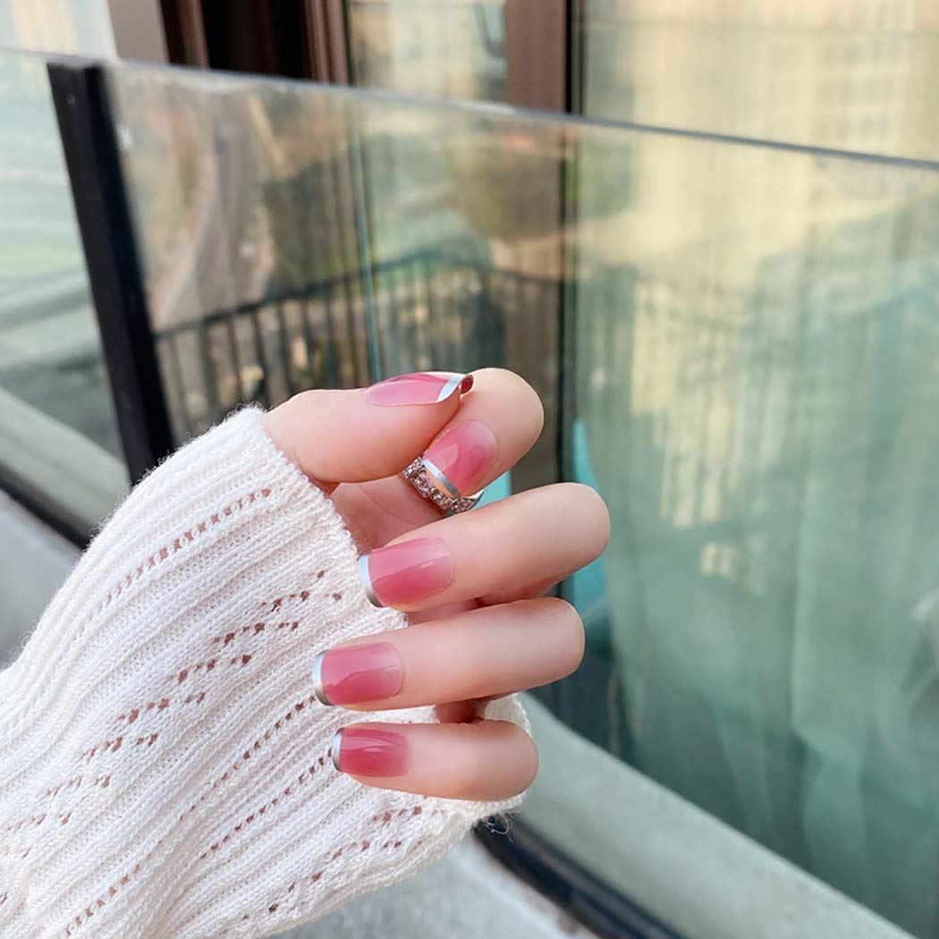 Press On Nails Pink Glossy Ombre Silver French Square Nail Kit - TGC Boutique - Press On Nails