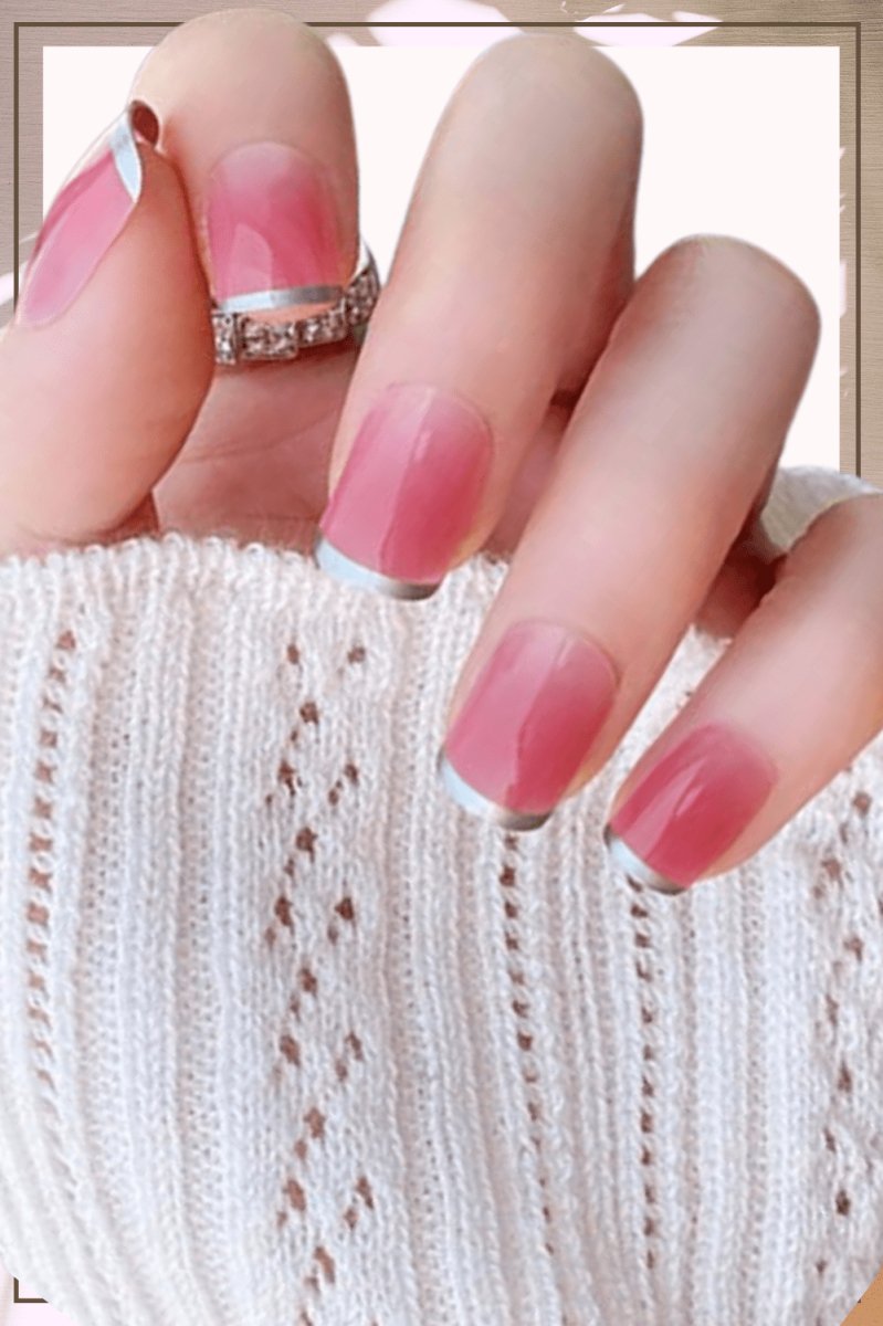 Press On Nails Pink Glossy Ombre Silver French Square Nail Kit - TGC Boutique - Press On Nails