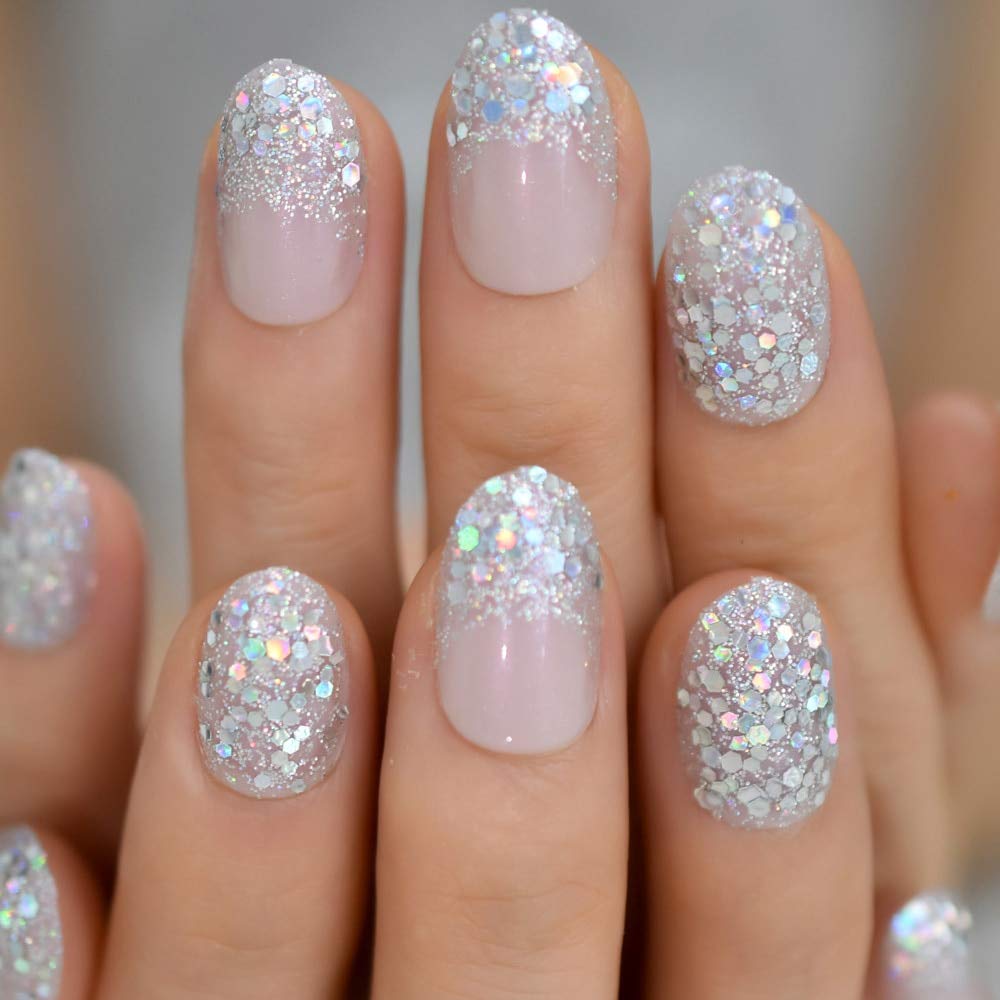 Press On Nails Pink Glossy Oval Silver Glitter Nail Kit - TGC Boutique - Press On Nails
