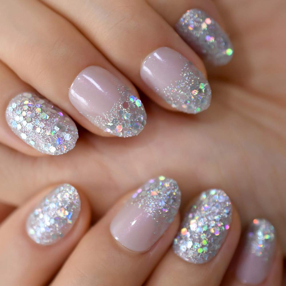 Press On Nails Pink Glossy Oval Silver Glitter Nail Kit - TGC Boutique - Press On Nails