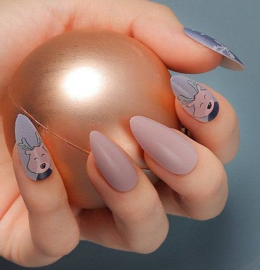 Press On Nails Pink Glossy Purple Almond Reindeer Nail Kit - TGC Boutique - Press On Nails