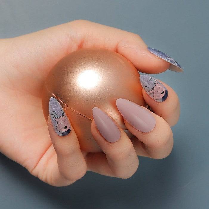Press On Nails Pink Glossy Purple Almond Reindeer Nail Kit - TGC Boutique - Press On Nails