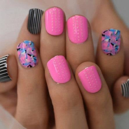 Press On Nails Pink Glossy Round Stripe Nail Kit - TGC Boutique - Press On Nails