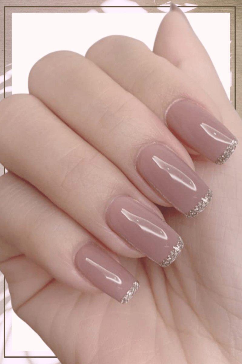Press On Nails Pink Glossy Silver French Square Glitter Nail Kit - TGC Boutique - Press On Nails