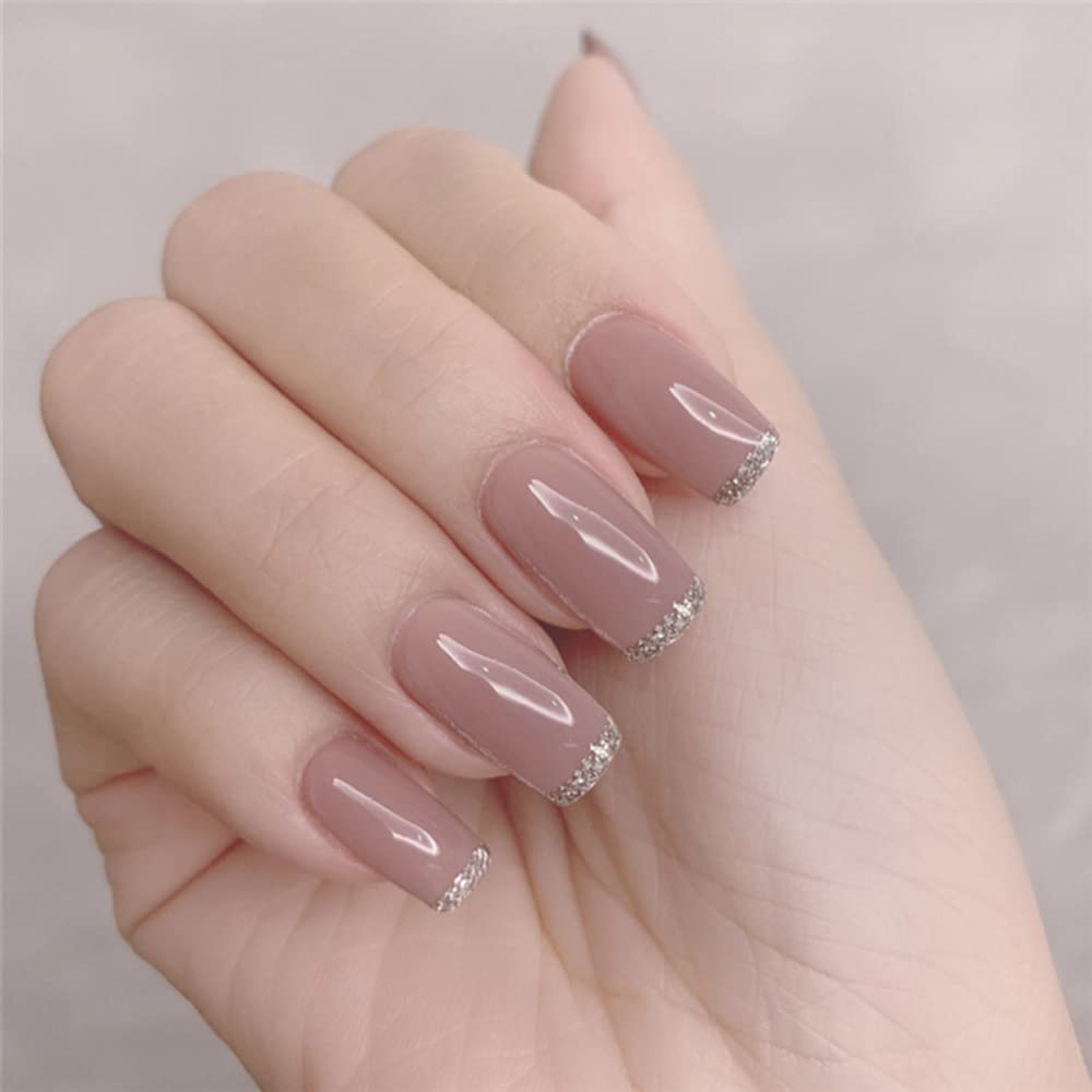 Press On Nails Pink Glossy Silver French Square Glitter Nail Kit - TGC Boutique - Press On Nails