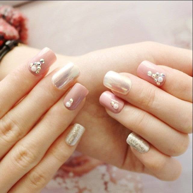 Press On Nails Pink Glossy Silver Square Crystal Nail Kit - TGC Boutique - Press On Nails