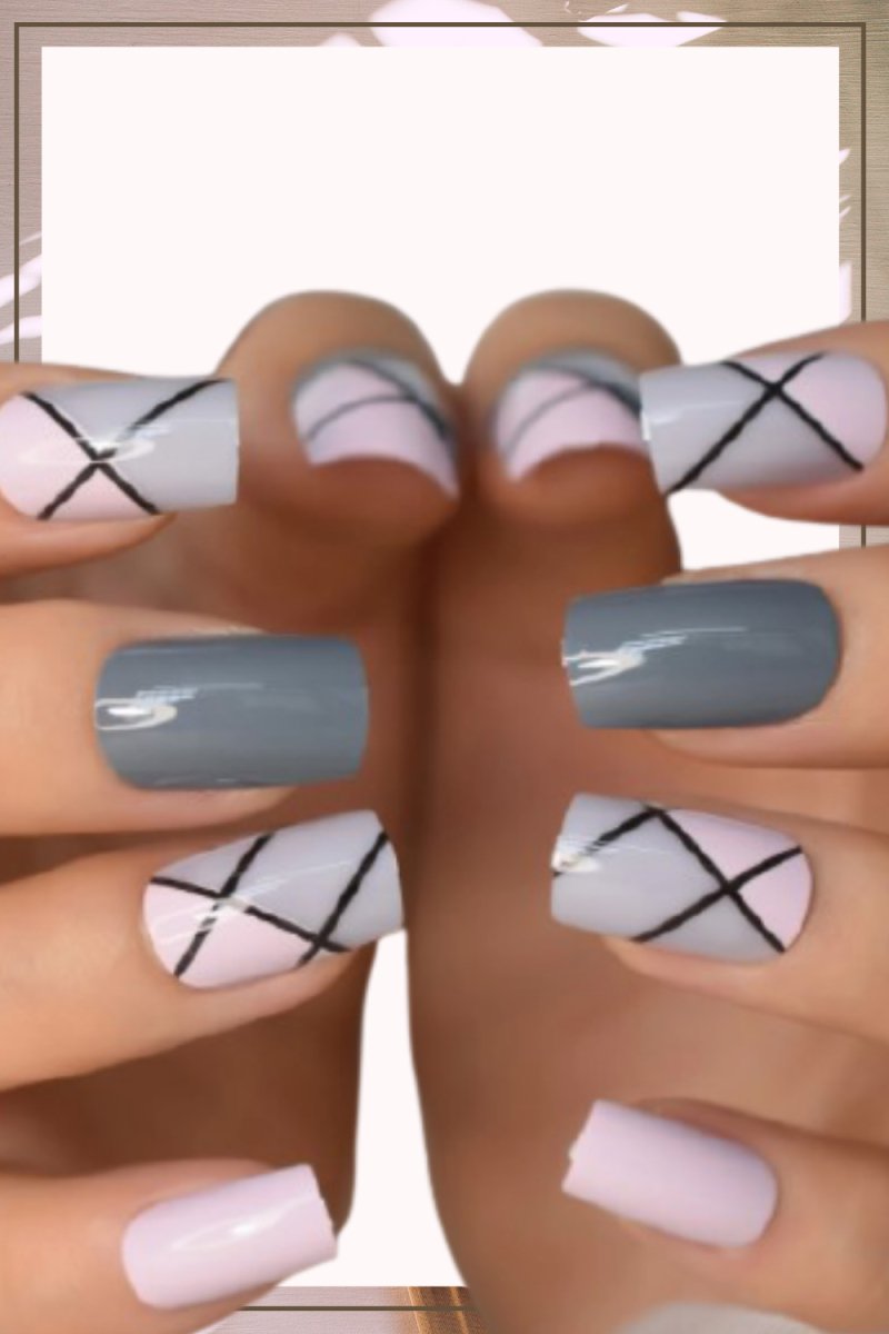 Press On Nails Pink Glossy Square Gray Nail Kit - TGC Boutique - Press On Nails