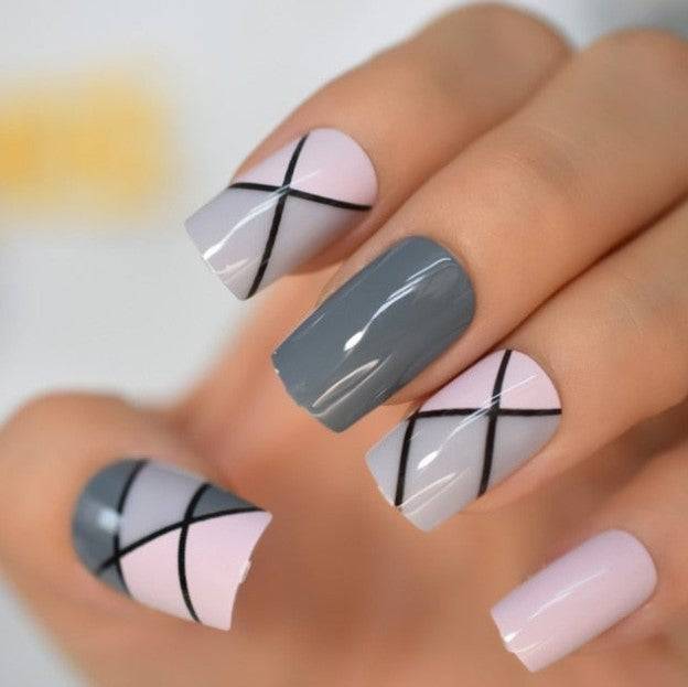 Press On Nails Pink Glossy Square Gray Nail Kit - TGC Boutique - Press On Nails