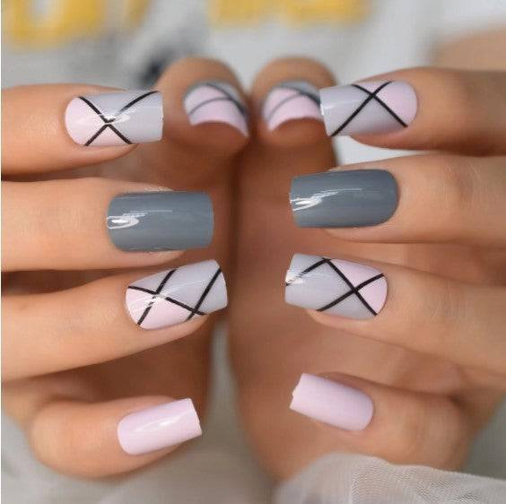 Press On Nails Pink Glossy Square Gray Nail Kit - TGC Boutique - Press On Nails