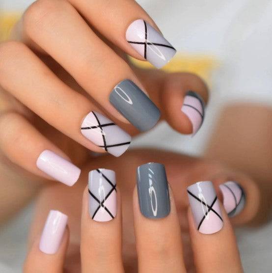 Press On Nails Pink Glossy Square Gray Nail Kit - TGC Boutique - Press On Nails