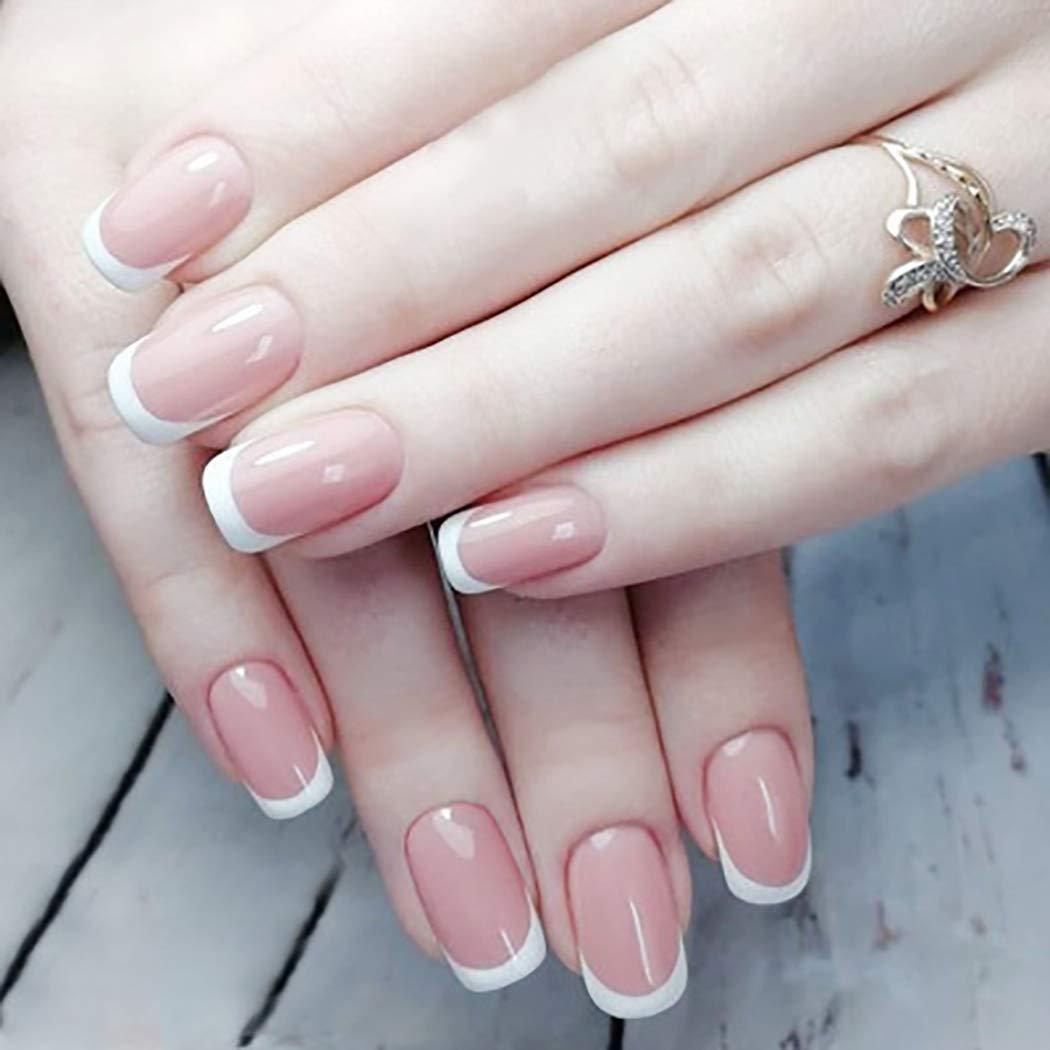 Press On Nails Pink Glossy White French Square Nail Kit - TGC Boutique - Press On Nails