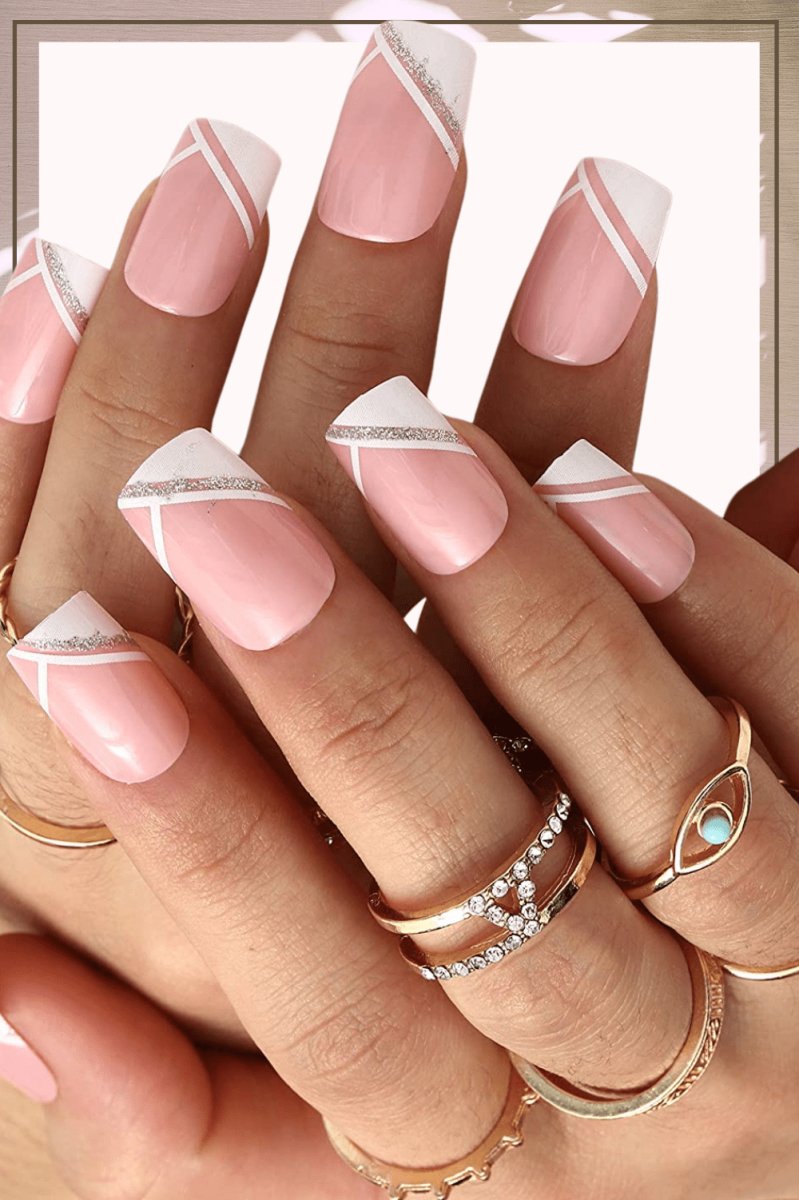 Press On Nails Pink Glossy White French Tip Coffin Glitter Nail Kit - TGC Boutique - Press On Nails