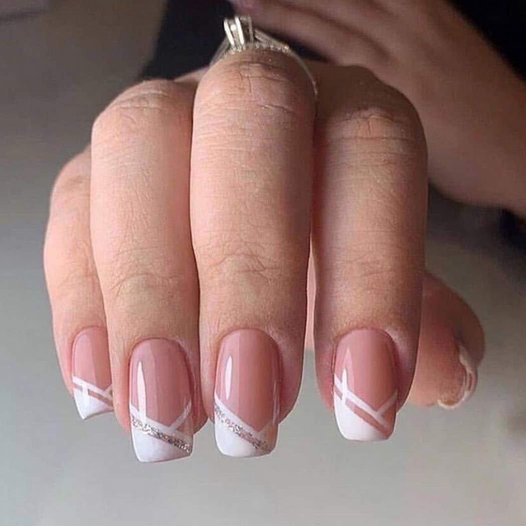 Press On Nails Pink Glossy White French Tip Coffin Glitter Nail Kit - TGC Boutique - Press On Nails