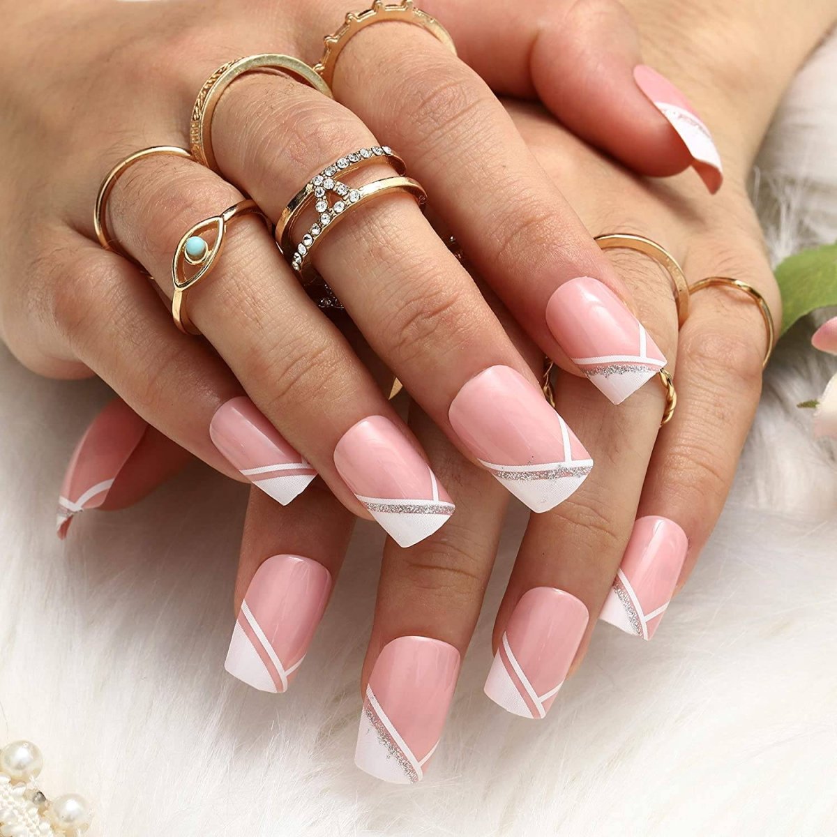Press On Nails Pink Glossy White French Tip Coffin Glitter Nail Kit - TGC Boutique - Press On Nails
