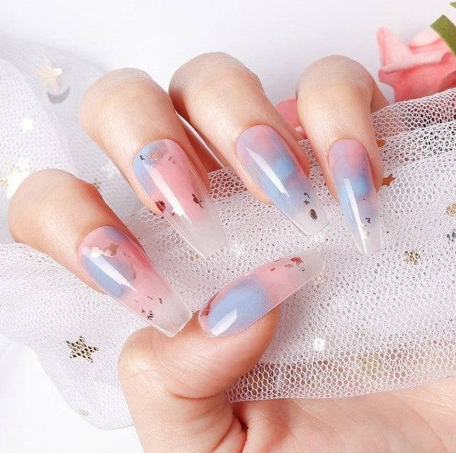 Press On Nails Pink Ombre Glossy Blue Coffin Gold Nail Kit - TGC Boutique - Press On Nails