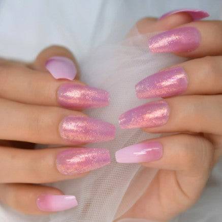 Press On Nails Pink Ombre Glossy Coffin Glitter Nail Kit - TGC Boutique - Press On Nails