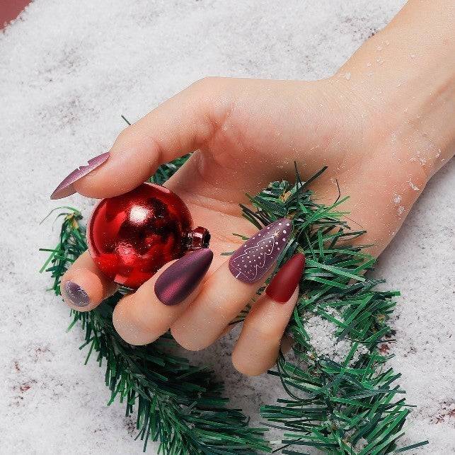 Press On Nails Purple And Red Matte Almond Christmas Tree Nail Kit - TGC Boutique - Press On Nails
