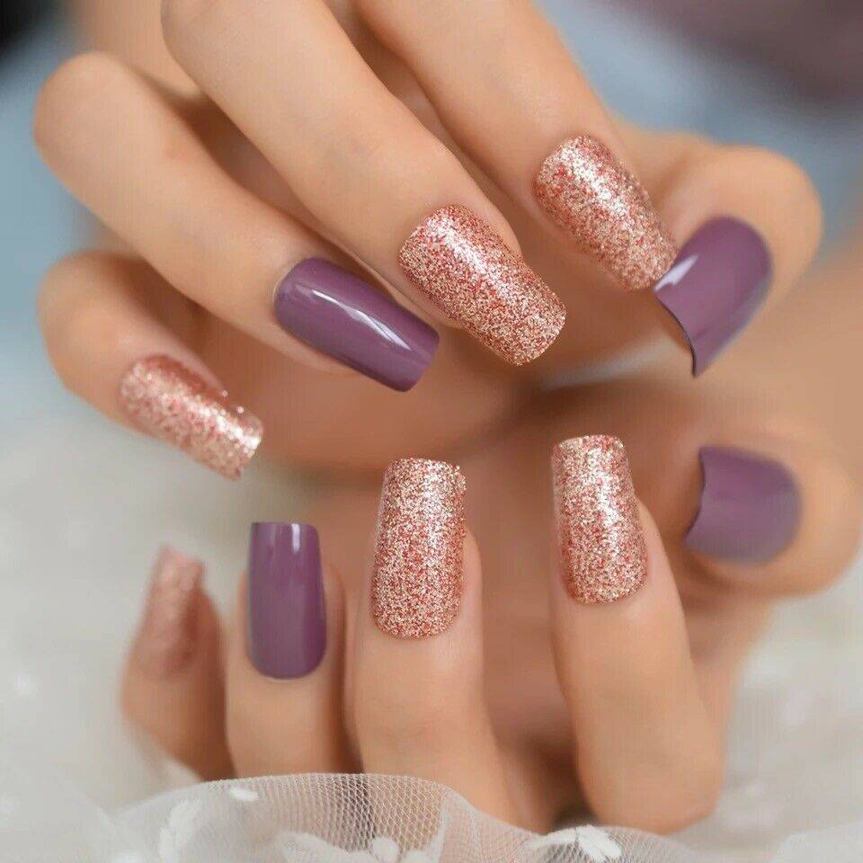 Press On Nails Purple Glossy Red Coffin Glitter Nail Kit - TGC Boutique - Press On Nails