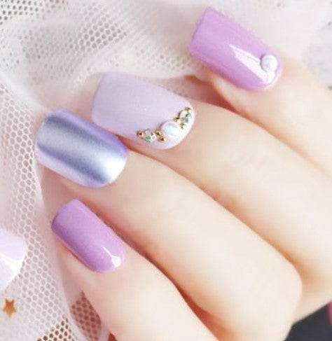 Press On Nails Purple Glossy Silver Square Crystal Nail Kit - TGC Boutique - Press On Nails
