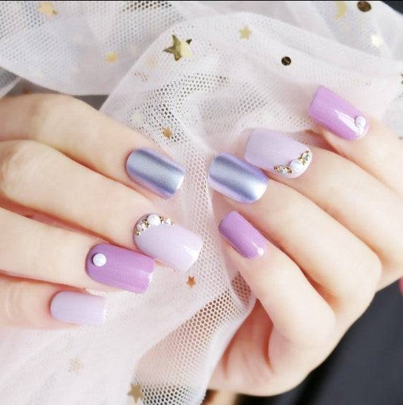 Press On Nails Purple Glossy Silver Square Crystal Nail Kit - TGC Boutique - Press On Nails