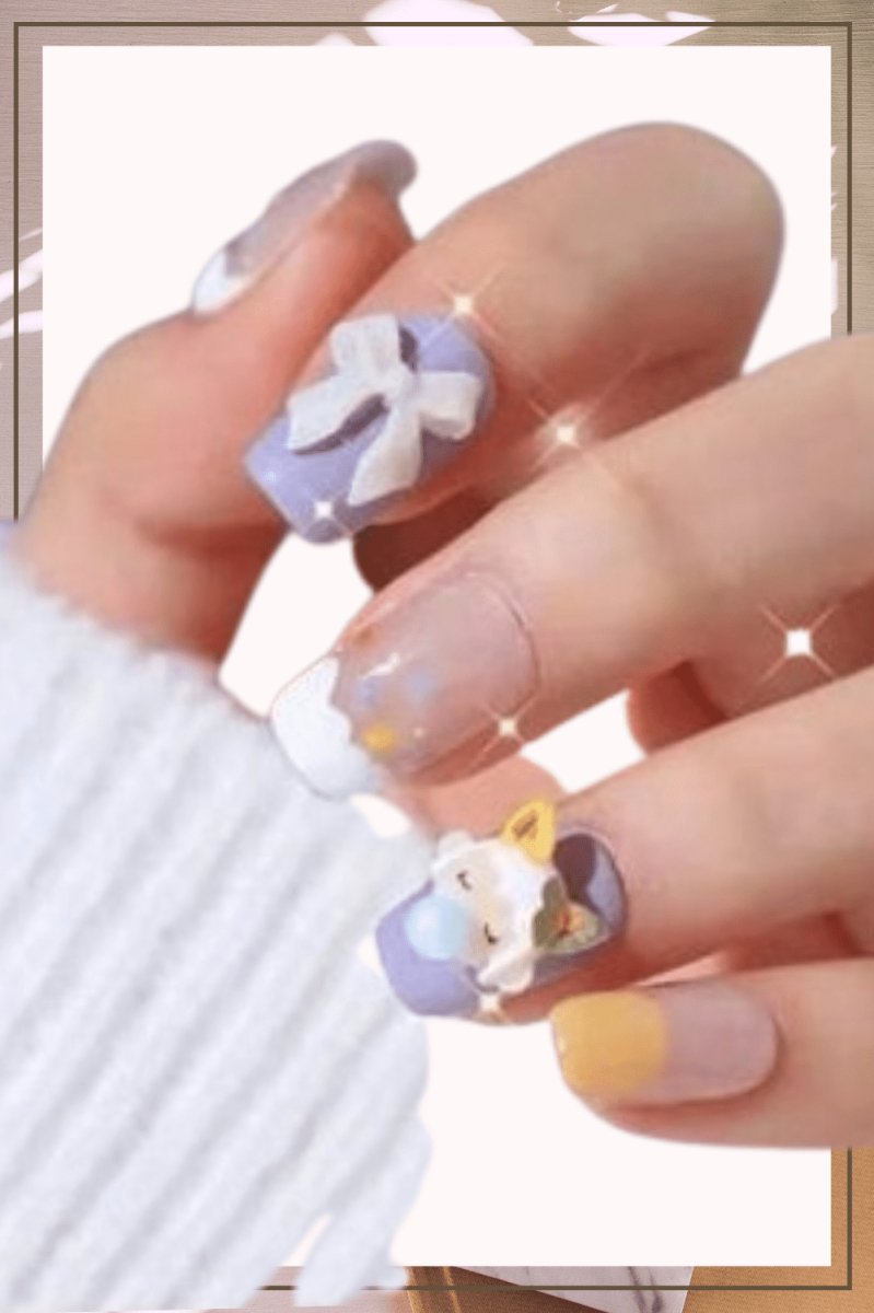 Press On Nails Purple Glossy White French Tip Coffin 3D Nail Kit - TGC Boutique - Press On Nails