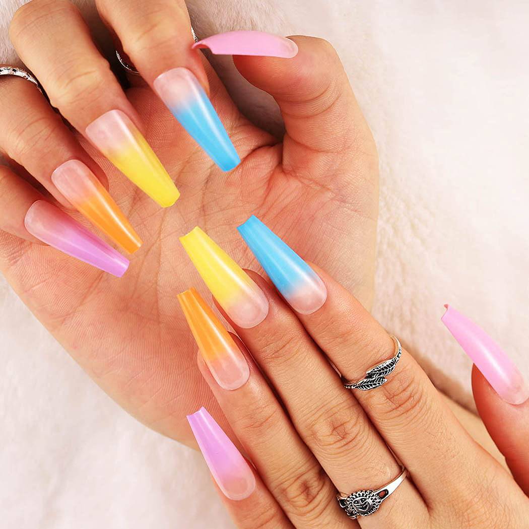 Press On Nails Rainbow Glossy Ombre Coffin Tip Nail Kit - TGC Boutique - Press On Nails