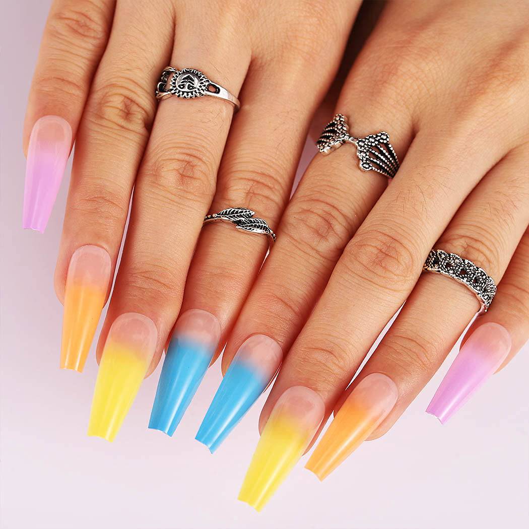 Press On Nails Rainbow Glossy Ombre Coffin Tip Nail Kit - TGC Boutique - Press On Nails