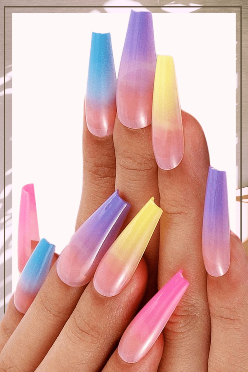 Press On Nails Rainbow Glossy Ombre Coffin Tip Nail Kit - TGC Boutique - Press On Nails