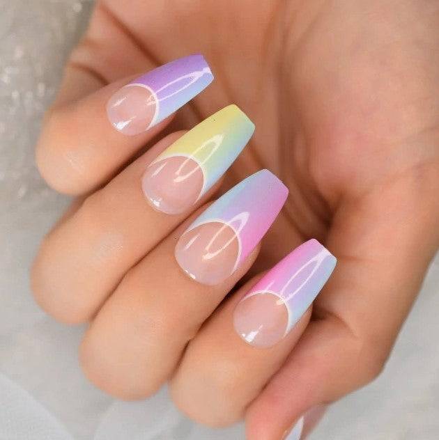 Press On Nails Rainbow Glossy Ombre French Coffin Nail Kit - TGC Boutique - Press On Nails
