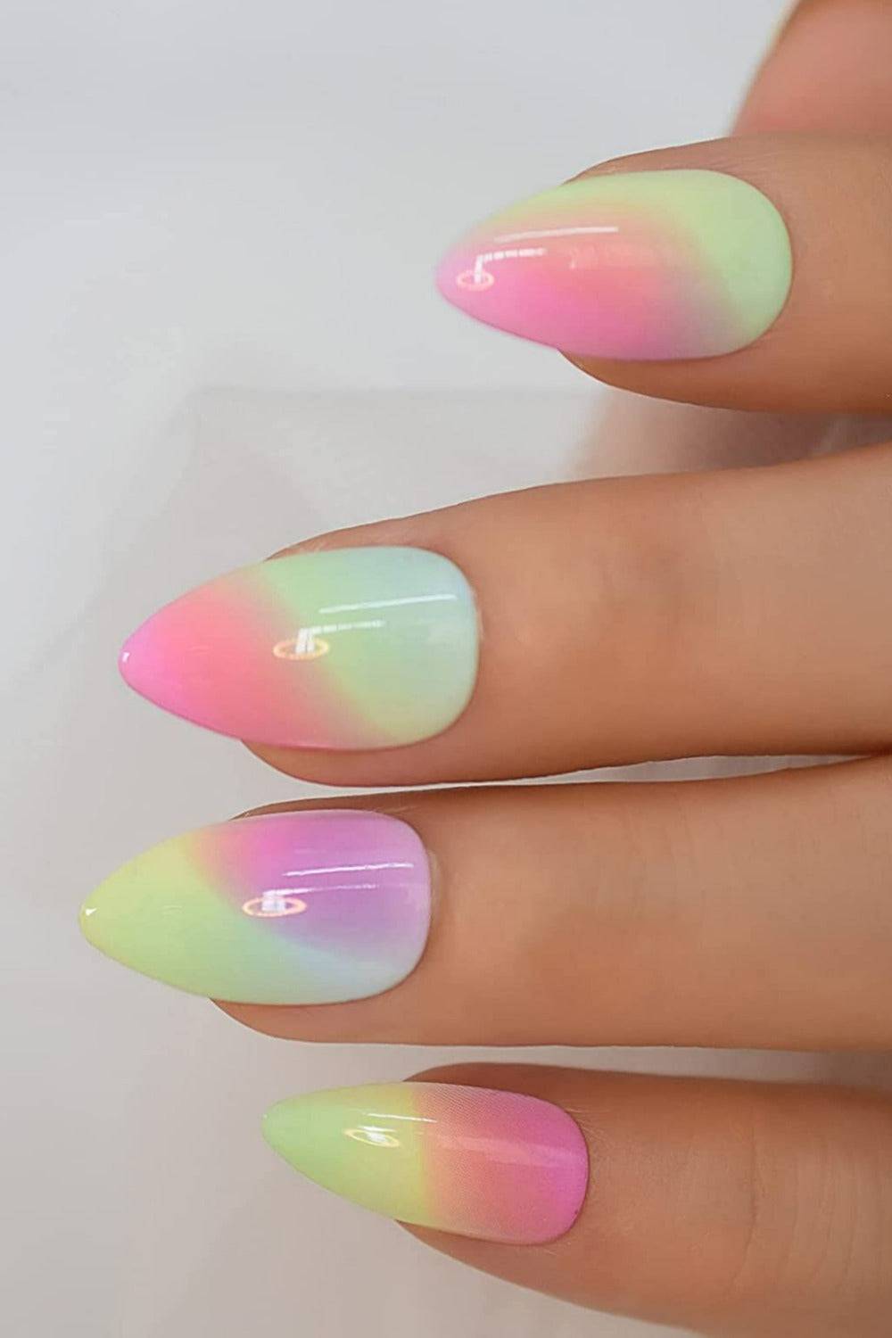 Press On Nails Rainbow Ombre Glossy Almond Nail Kit - TGC Boutique - Press On Nails